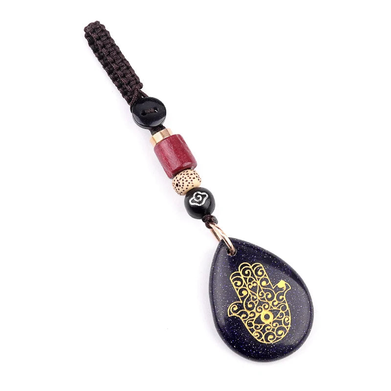 Fashional Syn.Blue Goldstone Droplet Shaped Special Hand Engraved Pendant Woven Rope Keychain Bag Keychain Pendant Keychain Gift