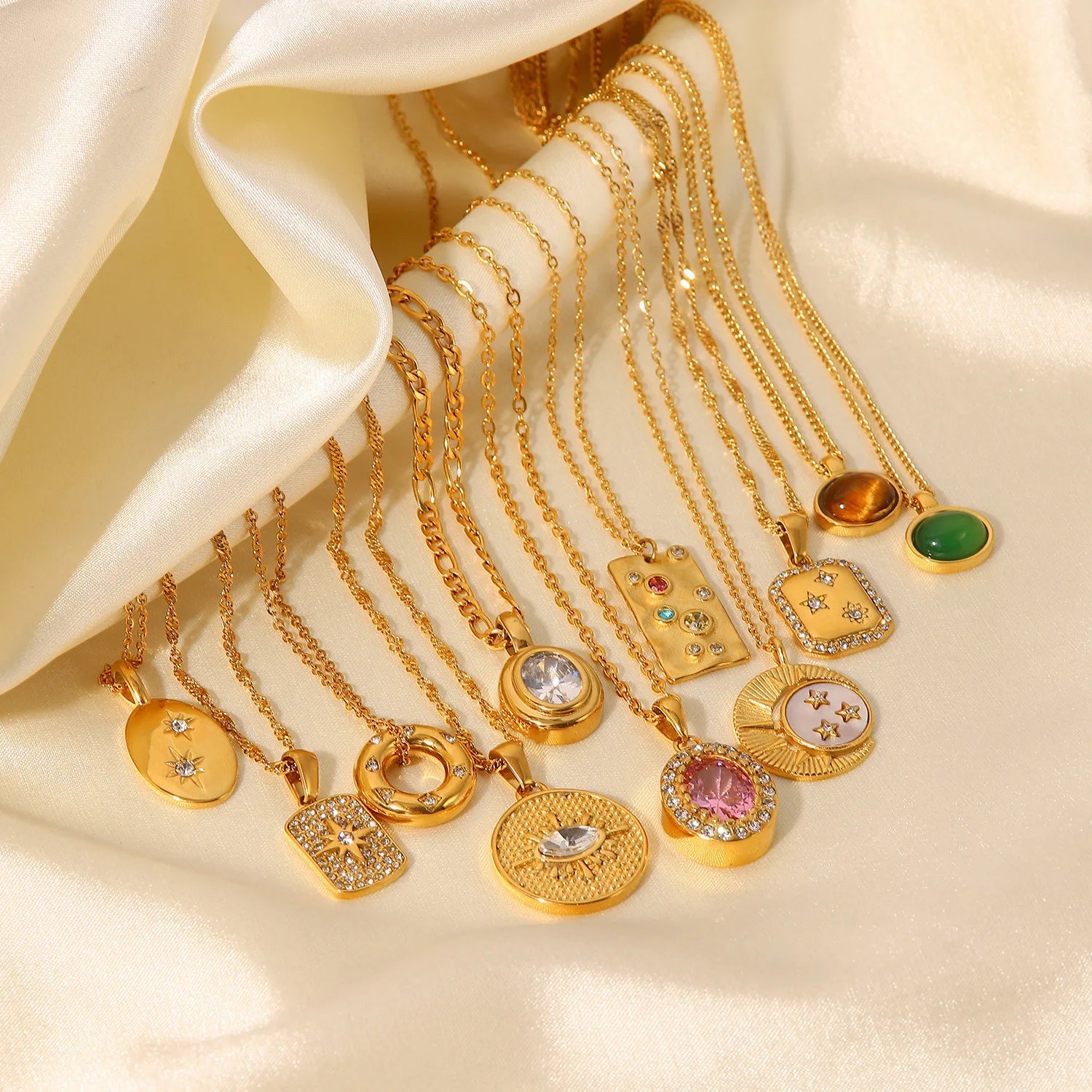 Luxury 18k Gold Plated Jewelry Stainless Steel Twisted Chain Zircon Moon Start Pendant Necklace for Women