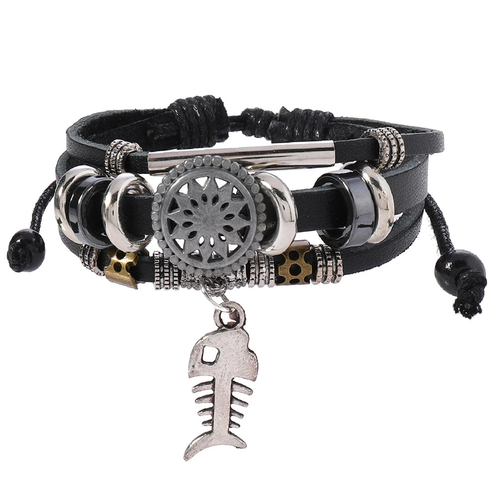 Wholesale New Fashion Handmade Genuine Leather Wove Bracelets for Men Women Trendy Style Rhodium Plated Alloy Material for Gifts