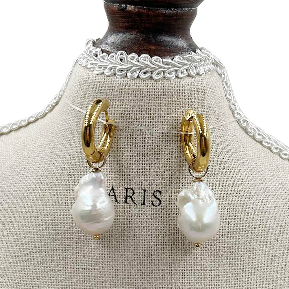 AA+ 12-14 mm Natural Baroque Pearl Earring 316L Stainless Steel with Polished PVD 18K Gold Plating for Parties