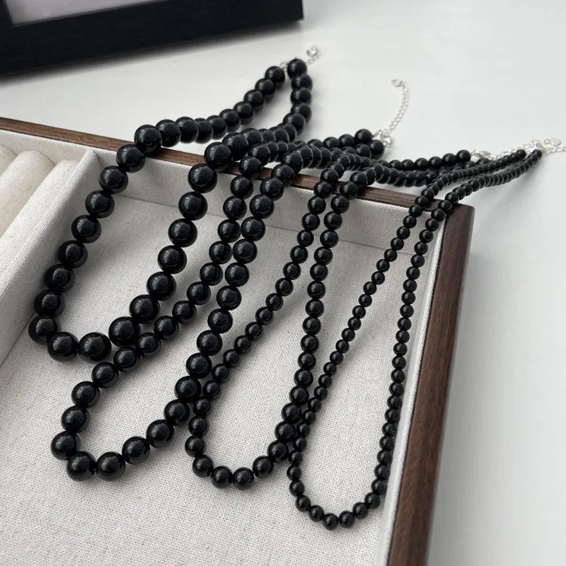 Different Size 4MM/6MM/8MM/10MM Black Agate Round Beads Beaded 925 Sterling Silver Necklaces for Mother's Day Gifts Fine Jewelry