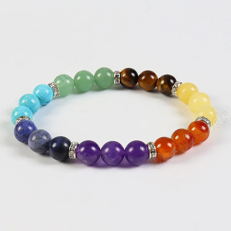 BR71007 8MM Cheap Natural 7 Seven Chakras Box Set Rose Quartz Amethyst Chakra Bracelets Gemstone Beads for Woman Yoga Healiing