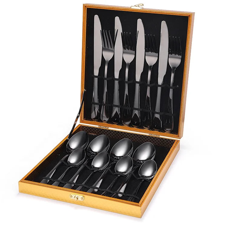 Reusable Stainless Steel Mirror Polish Restaurant Tableware Black Flatware Back to School Set Cutlery