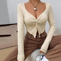 Y2K Vintage Grunge Crop Tops Clothes Elegant Front Tie up V Neck T-shirt 90S Vintage Chic Women Long Sleeve Blouse Tees Female