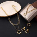 New Stainless Steel 18k Gold Plated Hollow Square 4pcs Set Tarnish Free Necklace Earring Bracelet Jewelry Set Women