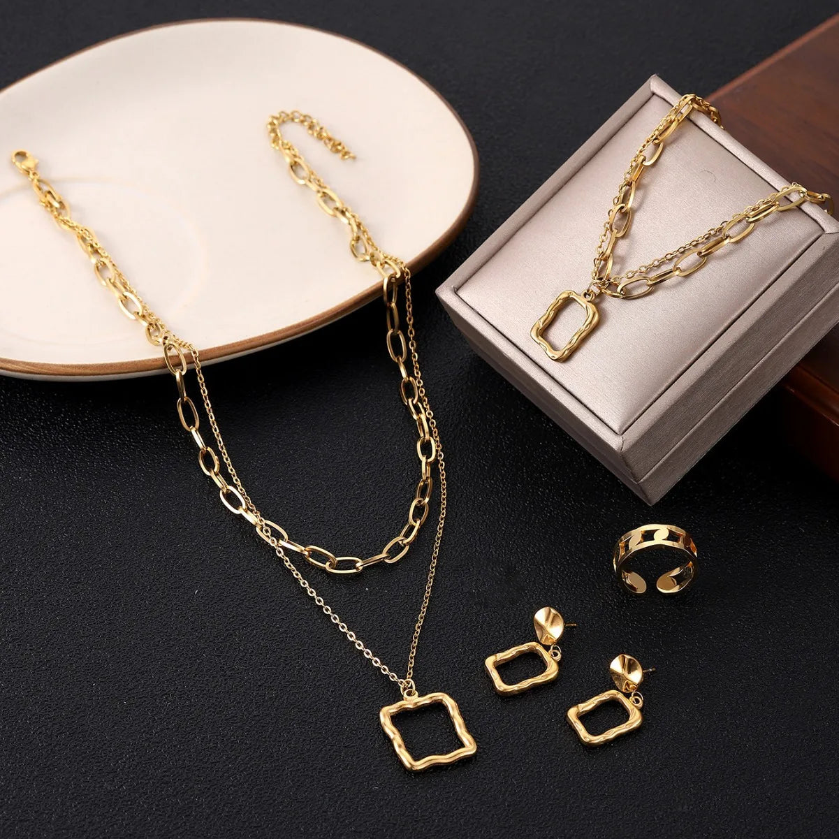 New Stainless Steel 18k Gold Plated Hollow Square 4pcs Set Tarnish Free Necklace Earring Bracelet Jewelry Set Women