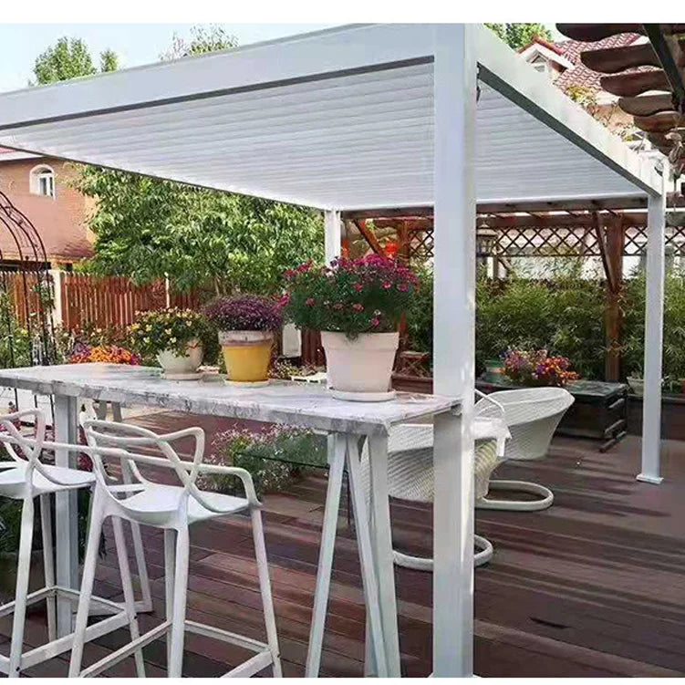 Adjustable Slats Canopy Pergola Outdoor Garden Rainproof Bioclimatic Louvered Aluminum Gazebo Rodent-Proof with Manual Operation
