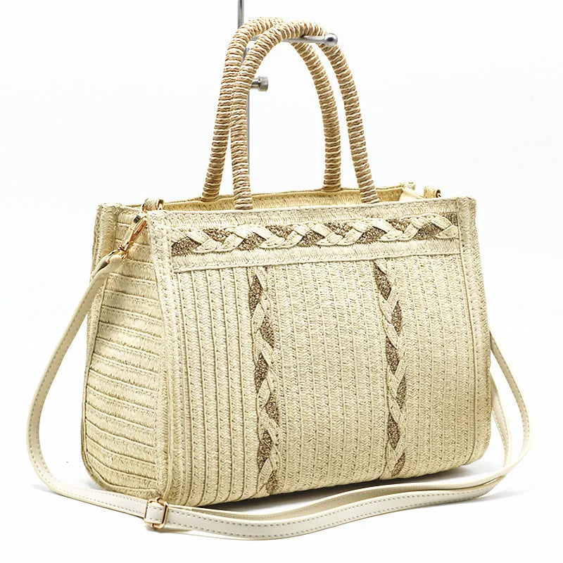 New Design Ladies Fashion Summer Beach Straw Tote Bag Women's Woven Shoulder Handbag with Two Handles and Letter Decoration
