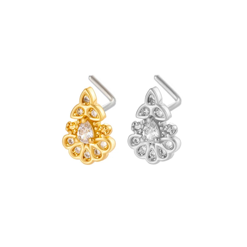 HENGSEN Fashion Gold Plated Stainless Steel L Stick Nose Piercing Jewelry Cubic Zirconia Nose Stud for Women