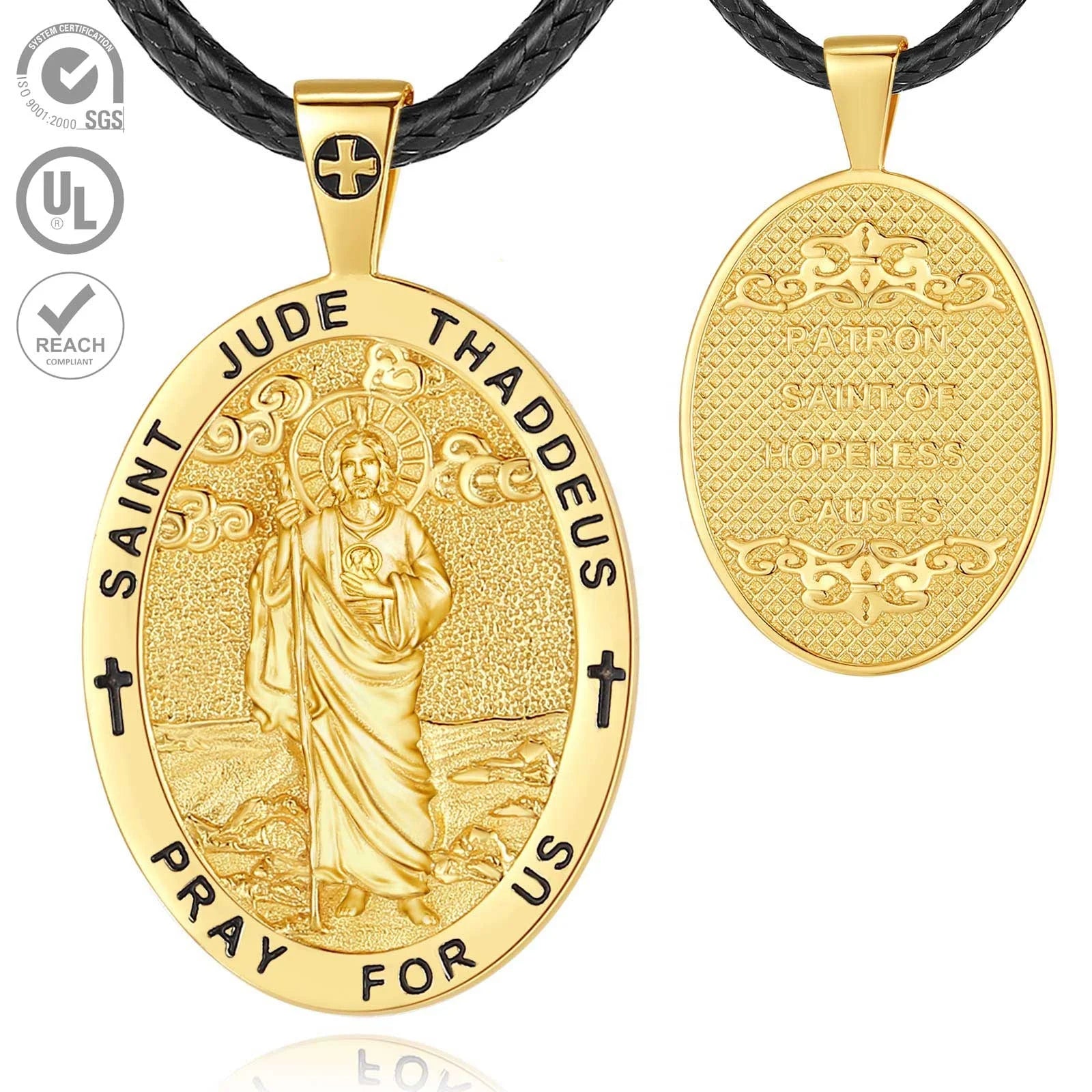 Fine Jewelry 925 Sterling Silver 18K Gold Plated Jewellery Oval Shaped Saint Archangel ST Jude Pendant Necklace for Men or Women