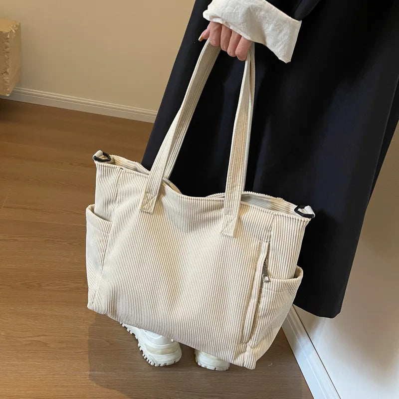 Soft Corduroy Large Capacity Women's Shoulder Bags College Girls Class Book Tote Handbags Simple Commuter Female Crossbody Bag