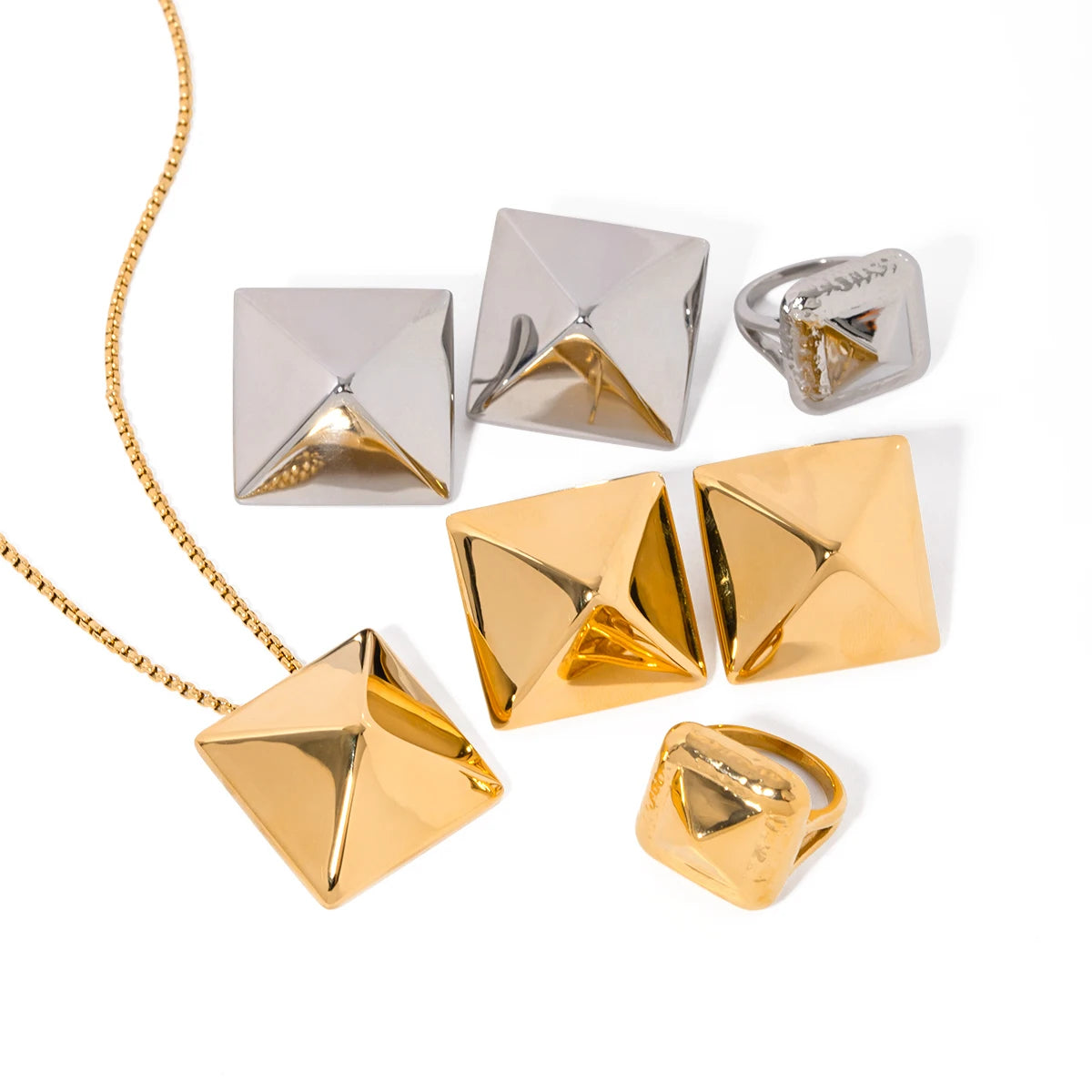 J&D New Fashion Jewelry 18K PVD Gold Stainless Steel Triangle Smooth Rivet Necklace Earring Ring Set Chunky