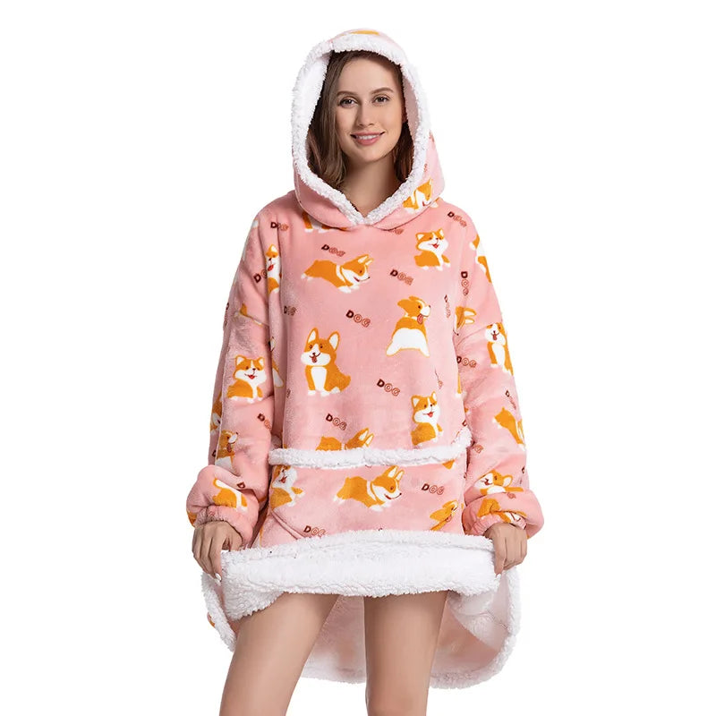 Thick Warm Winter Hooded Pajamas Wearable Blanket for Beddining Room Indoor and Outdoor Living Room Nightgown for Women