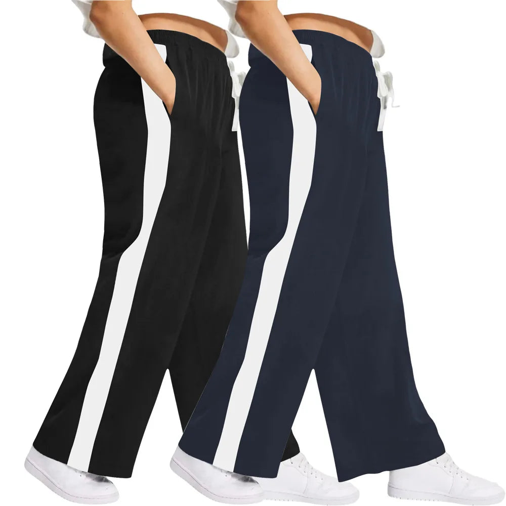 Custom Logo Women's Plus Size Wide-Leg Sports Trousers Side Stripe Loose-Fit Casual Pants with High Elastic Waist Drawstring