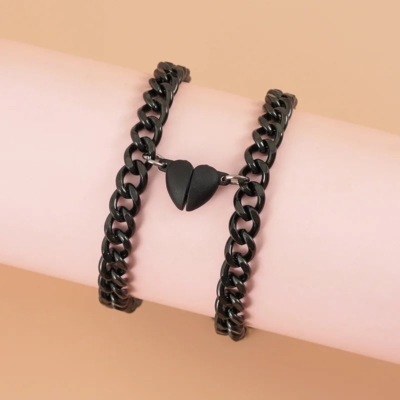 Valentine's Day Gifts Jewelry Magnetic Black Heart Couple Bracelet Stainless Steel Curb Cuban Chain Bracelets for Lover