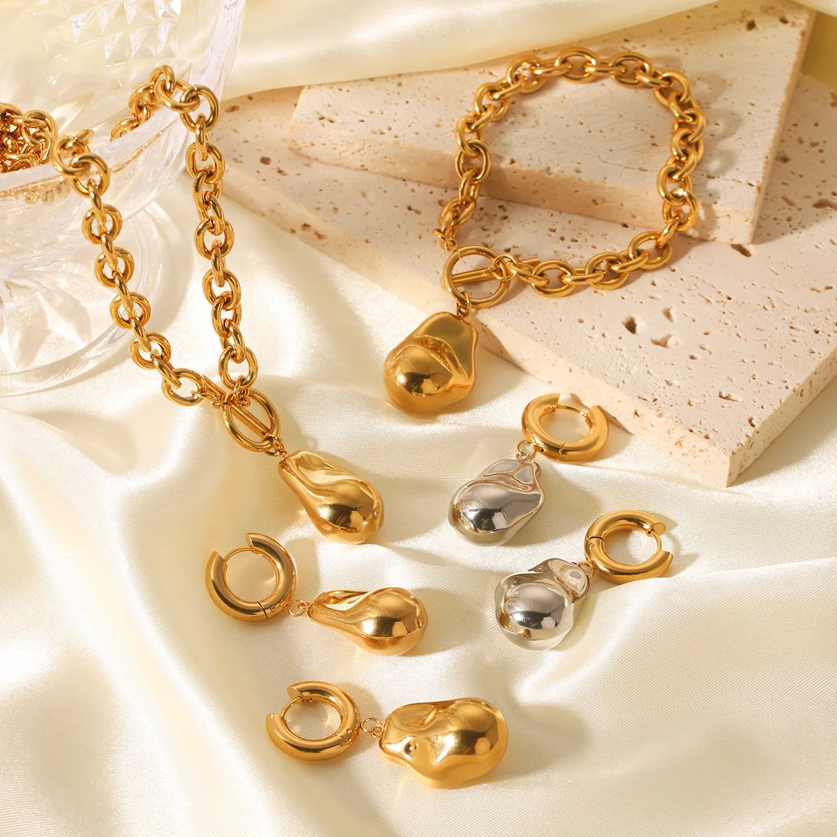 Fashion Jewelry Set for Women Baroque Pendant Bracelet Solid Peanut Charm Necklace Gold Plated Stainless Steel Earrings Jewelry