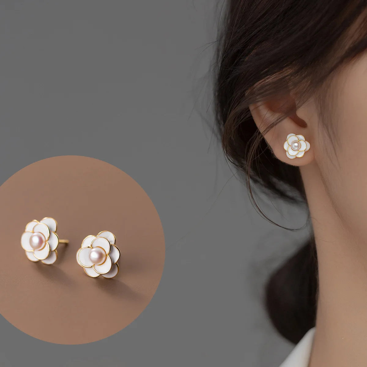 New Elegant Design S925 Sterling Silver White Enamel Rose Flower Pearl Stud Earrings for Women M01882