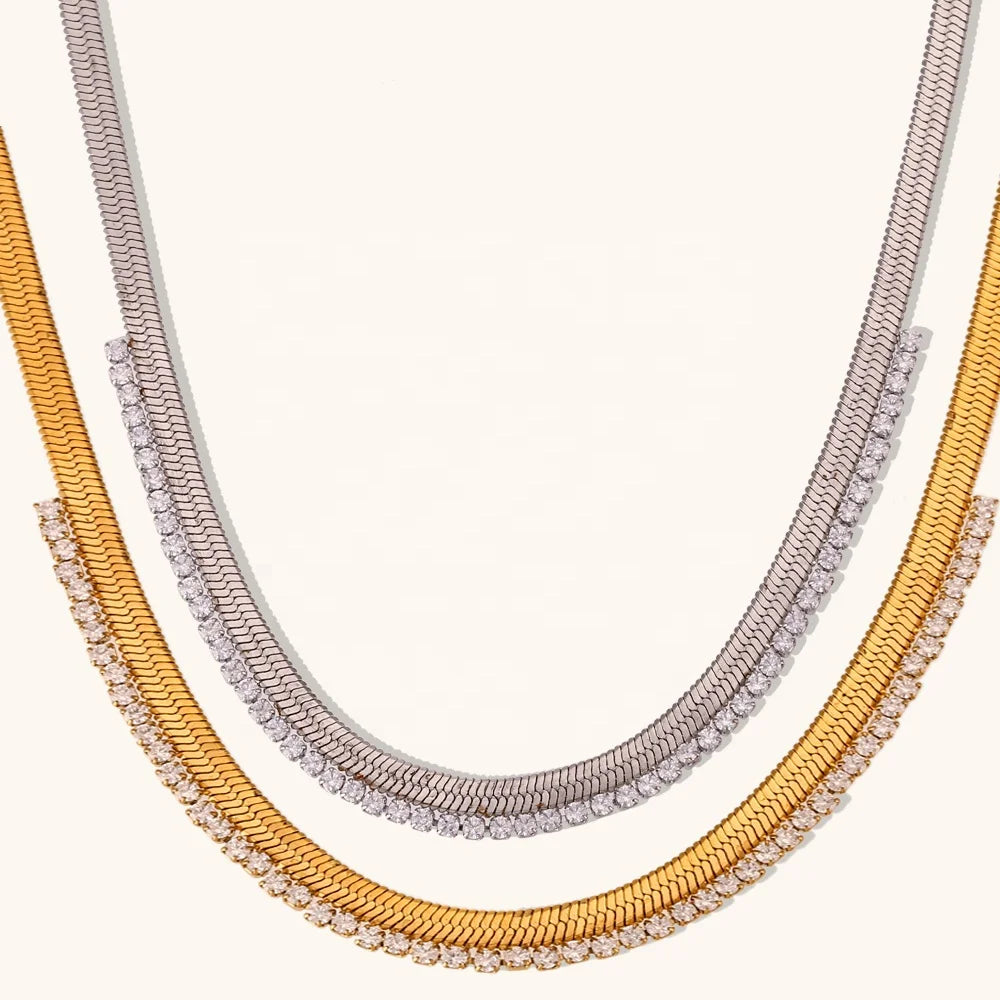 Ding Ran Unique Design 18K Gold Plated Snake Chain Necklace Stainless Steel Zircon Choker Necklace for Women