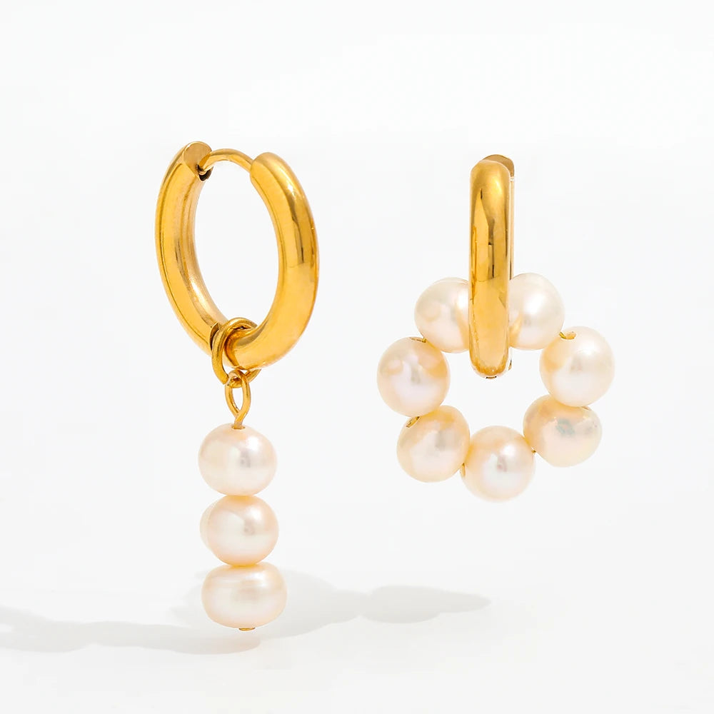 High End 18K Gold Plated Fresh Water Pearl String String Tassel Dissymmetry Huggie Earring Stainless Steel Stylish Jewelry