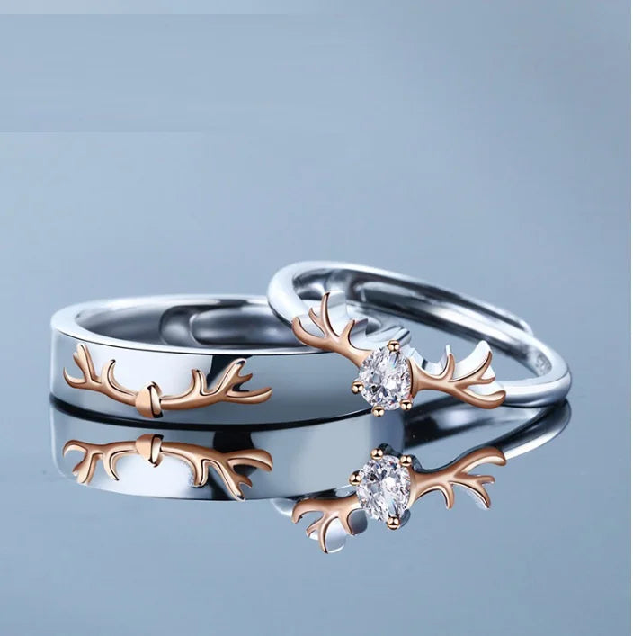 2pcs/set Crystal Zircon Open Adjustable Ring Deer Animal Couple Rings for Women Men Crystal Elk Antlers Couples Rings for Lover
