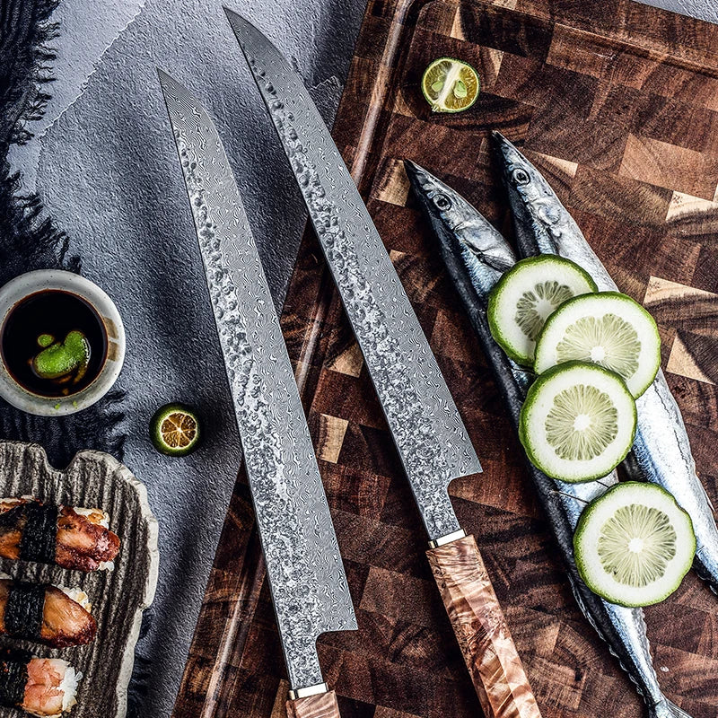 Quality Japanese 110 Layers Damascus Steel Kitchen Knife Sakimaru Sashimi Knife Fish Fillet Knife with Solidified Wood Handle