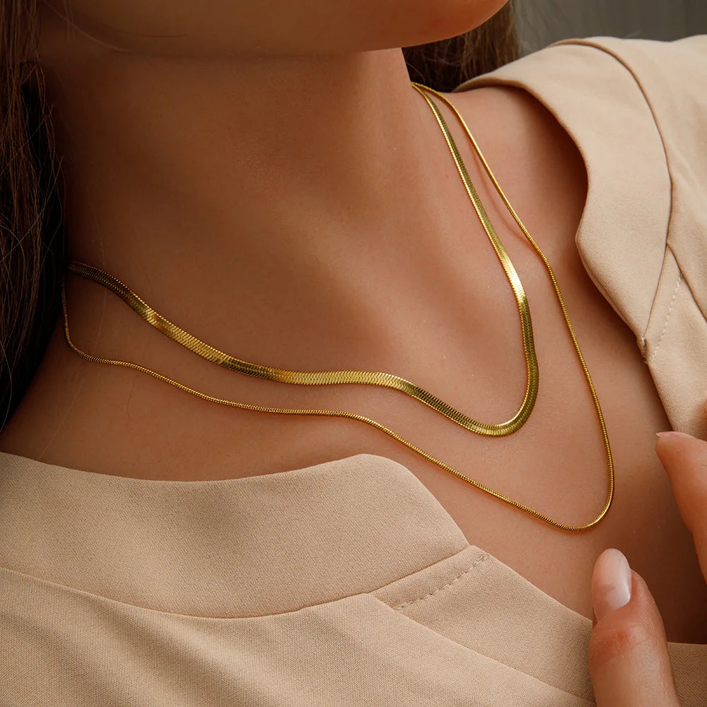 Waterproof 18K Gold Plated Stainless Steel Double Layer Flat Snake Chain Choker Necklace Dainty Jewelry for Women YF3133