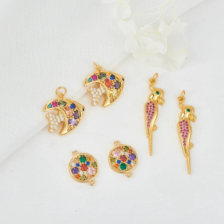 Wholesale Color Cubic Zirconia Fish Bird Shape Charms 14K Gold Plated Animal Charms for Jewelry Making Accessories