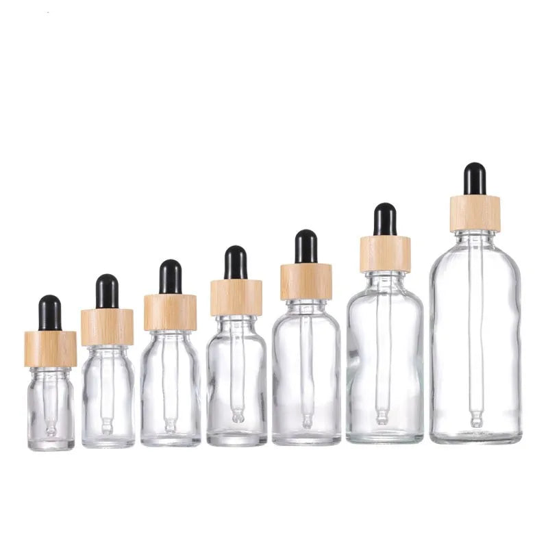 5ml 10ml 15ml 20ml 30ml 50ml 100ml Bamboo Dropper Cap Glass Clear Essential Oil Glass Bottles