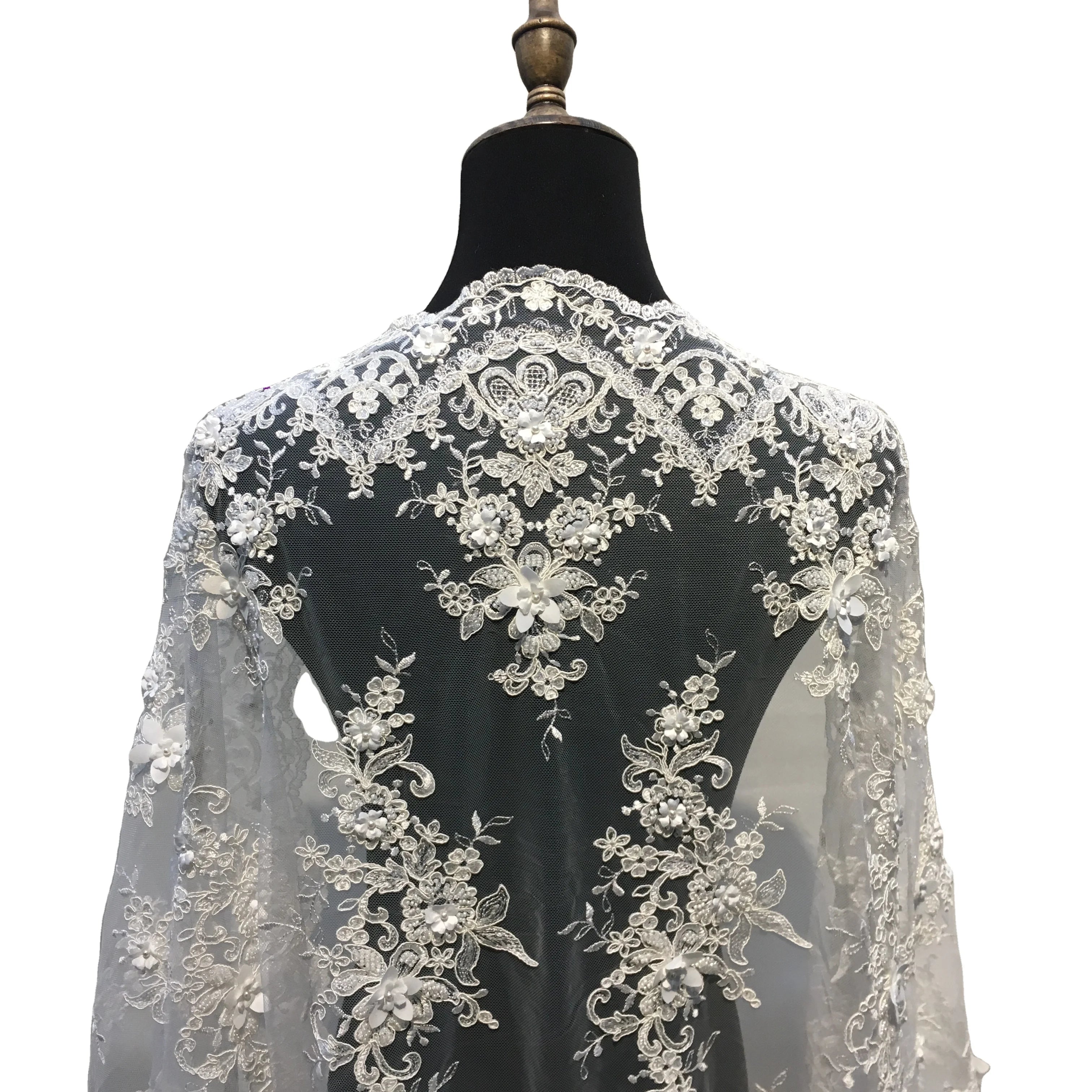 Ivory White Sequin Embroidered French Tulle Lace Fabric 3D Floral Beaded Mesh Fabric for Wedding Evening Dress