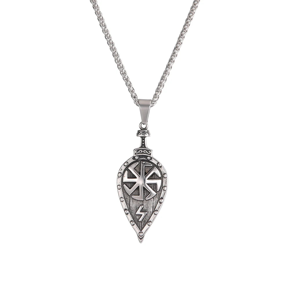 Classic Stainless Steel Kolovrat Shield Pendant Mens Viking Jewelry Zircon Sun Protection Talisman Amulet Runic Runes Sowilo