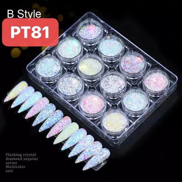 12 Colors/Set Nail Art Holographic Photochromic Diamond Glitter Powder PD65-YU26587 Magic Laser Color Glitter Nail Power