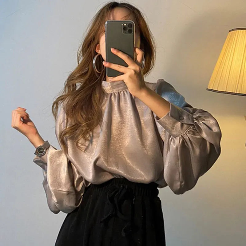 Boutique Wholesale 2026 Korean Chic Autumn French Elegant Stand Collar Glossy Loose Casual Lantern Sleeve Satin Shirt