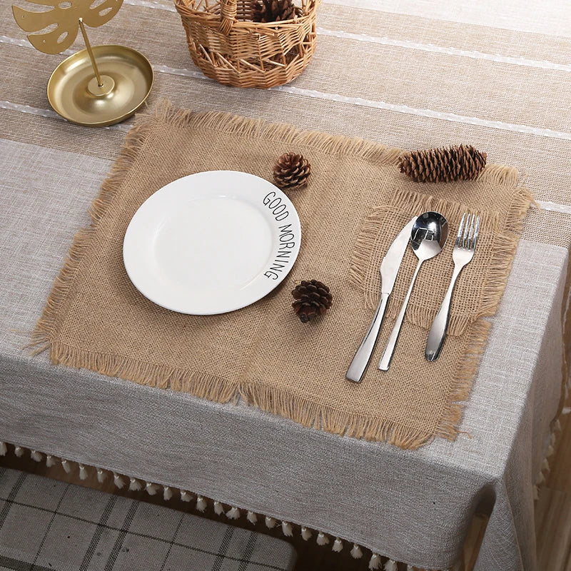 Vintage Placemat Set Natural Jute Woven Tableware Mat Burlap Placemat for Wedding Party Decoration