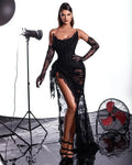 A7468  Lace Fabric for Wedding Dresses Seduction Black Lace Large Version Dress Evening Dress for Fat Women