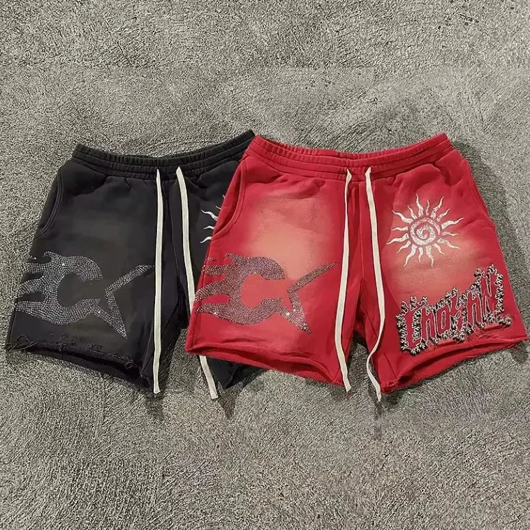 Custom Men's Vintage Oversized Distressed Stone Acid Wash Jogging Shorts Rhinestone Logo Streetwear Casual Style Woven Method