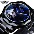 Winner 2022 Men Black Stainless Steel Fashion Blue Hands Mens Mechanical Watch Top New Luxury Dial Luminous Hands Clock