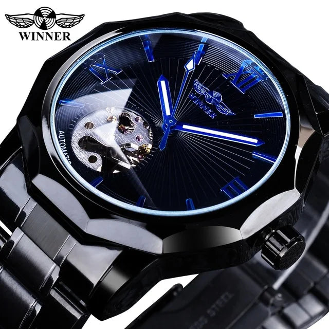 Winner 2022 Men Black Stainless Steel Fashion Blue Hands Mens Mechanical Watch Top New Luxury Dial Luminous Hands Clock