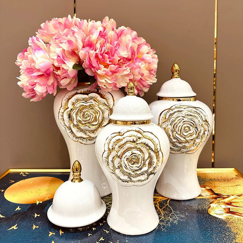 Luxury Eco-Friendly Ceramic Ginger Jar Set 3-Piece Art Deco Wedding Tabletop Vase 16-24 Inches Tall Porcelain