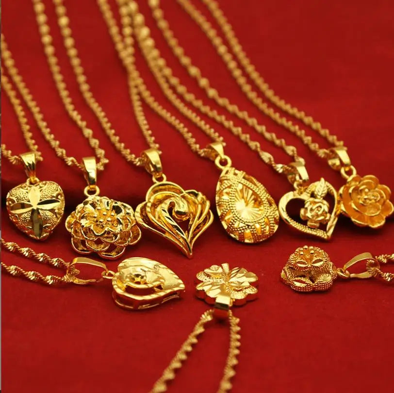 24k Gold Plated Pendent Necklace Gold Necklace Women's Flower Heart Shaped Collarbone Chain One Color Inside and Outside