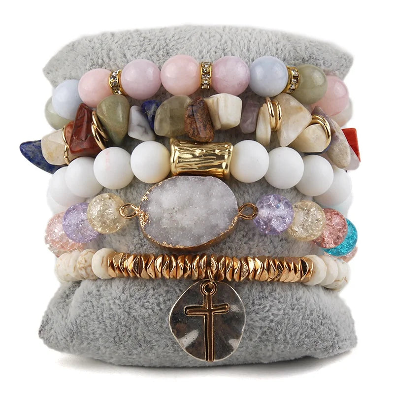 Bohemian Custom Women Jewelry 5pcs Gemstone Crystal Glass Polymer Clay Bracelet Star Charm Stack Bracelet Set