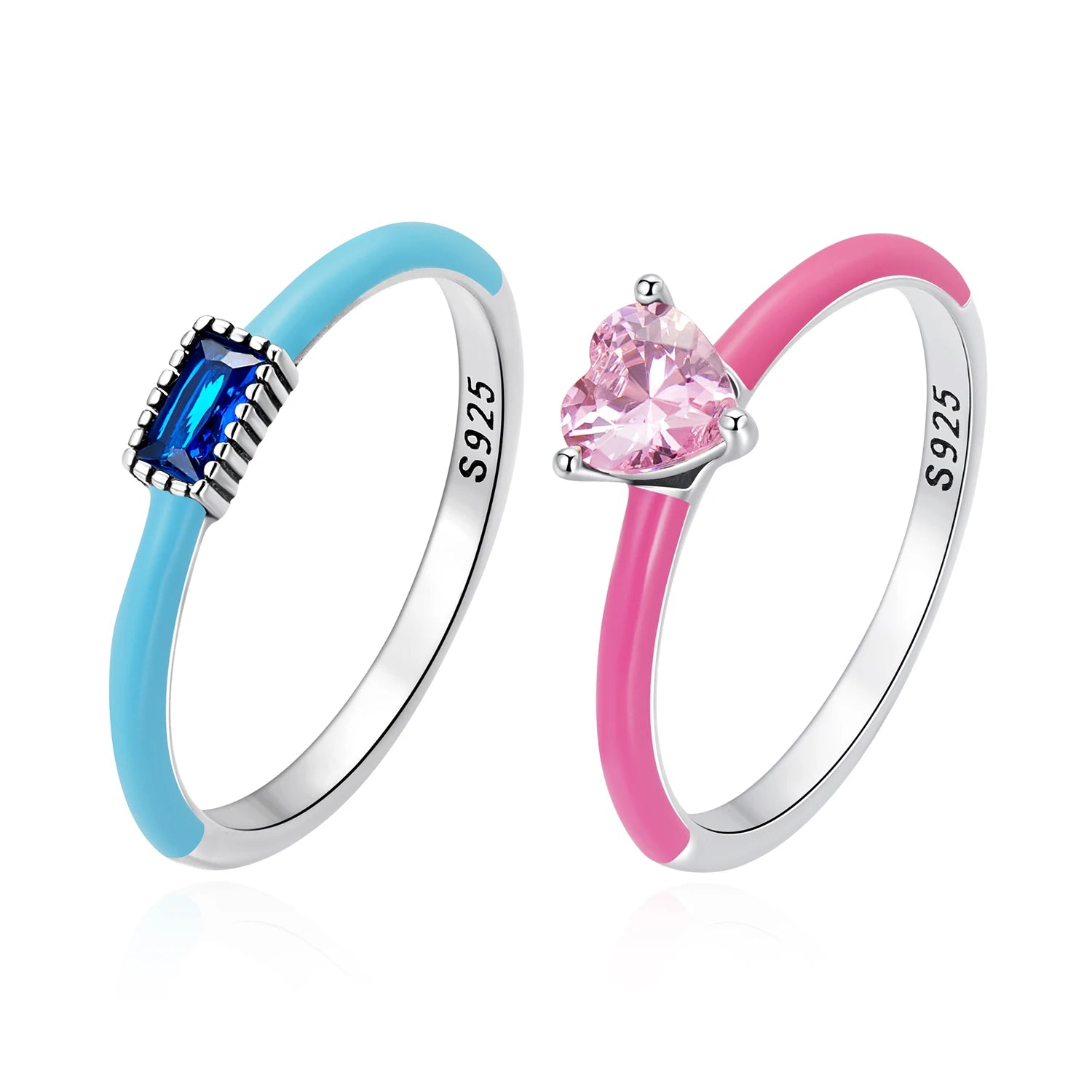 Factory 925 Sterling Silver Trendy Pink Heart Zircon Size Rings for Women Fine Blue Zirconium Rings S925 Exquisite Jewelry