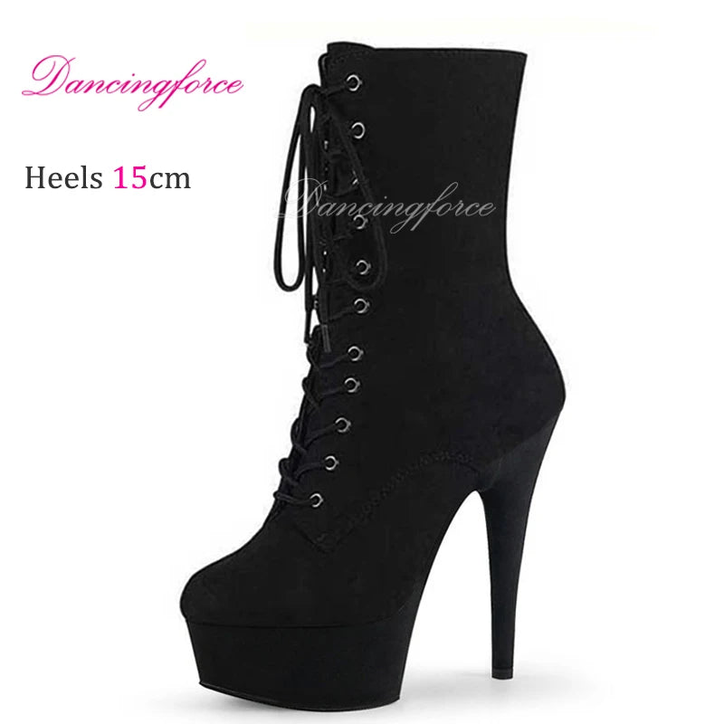 15cm Black Lace-up Pole Dance Short Boots Nightclub Performance Shoe Stripper Sexy Short Boots Designed for Women