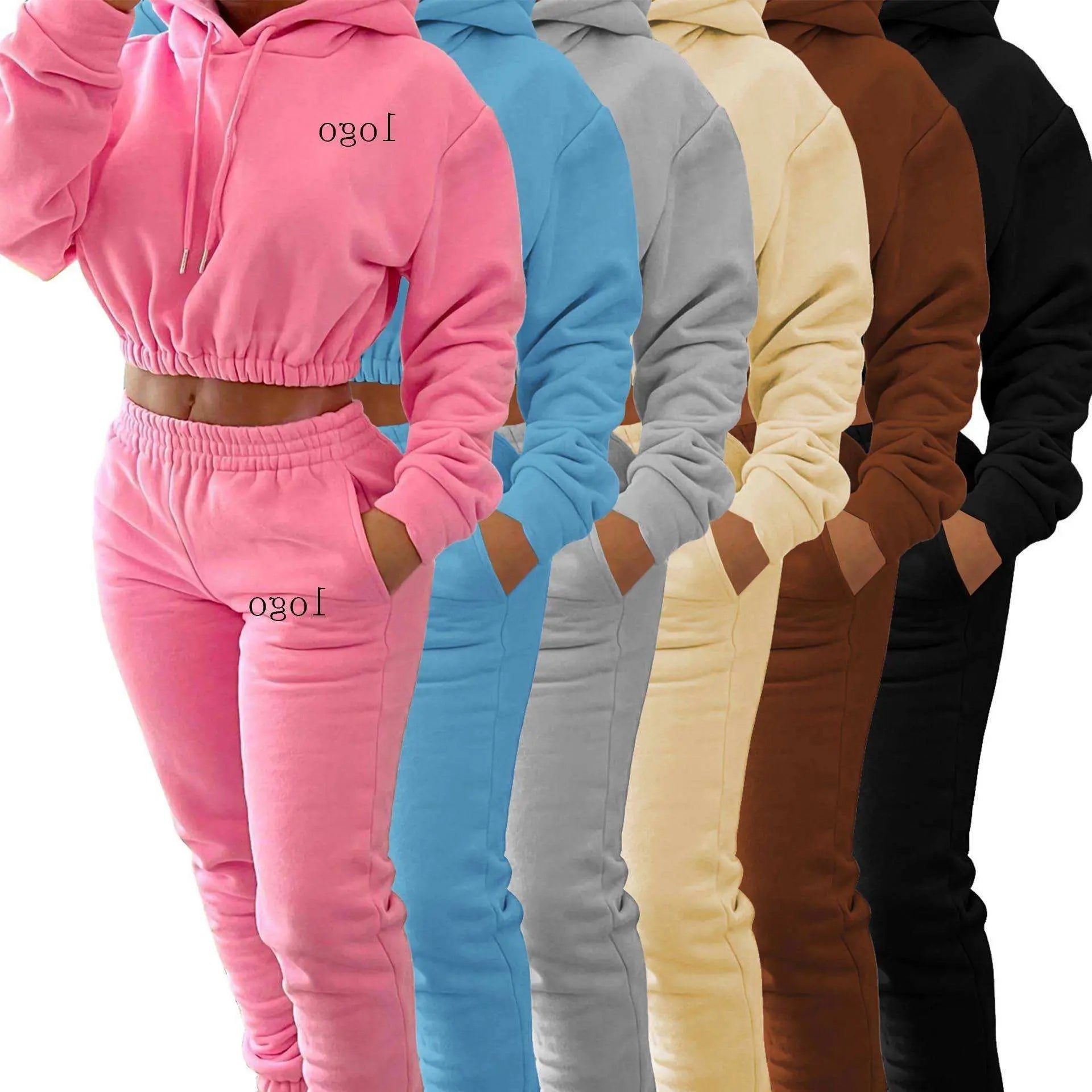 L230156 Custom Women Fleece Tracksuits Ladies Fashion Crop Top Hoodies High Waist Sweatpants Latest Design Hoodie Set