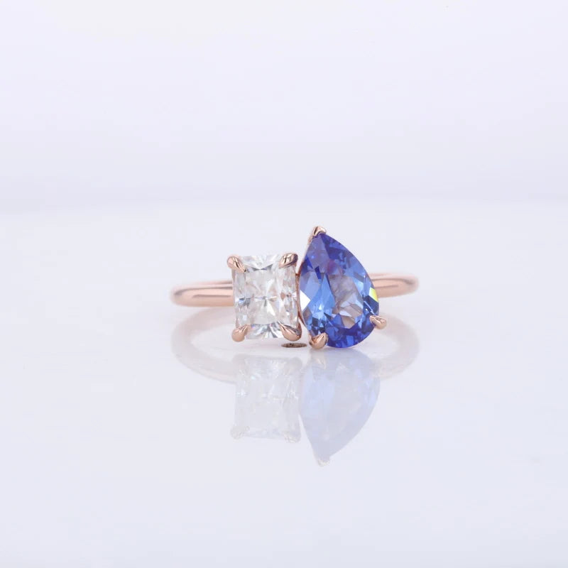 Starsgem 14K Solid Gold Moissanite & Sapphire Toi Et Moi Two Stone Wedding Engagement Ring
