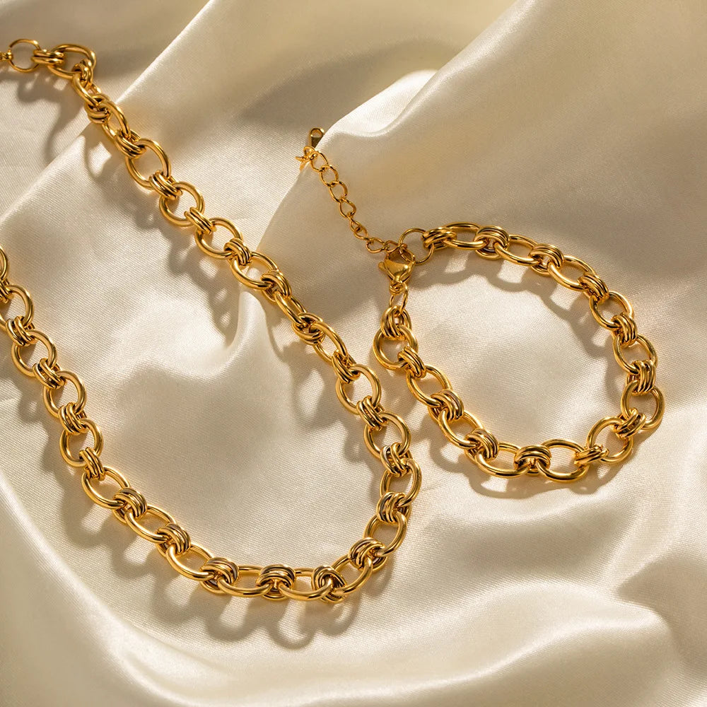 Hot Selling Waterproof Gold Plated Stainless Steel Chain Necklace and Bracelet Set INS New Design Jewelry Sets