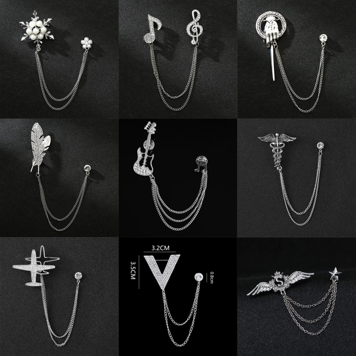 Men's Simple Badge Suit Guitar Brooch Korean Chain Eagle Pin Corsage Silver Plated Alloy Jewelry for Weddings Engagements Gift