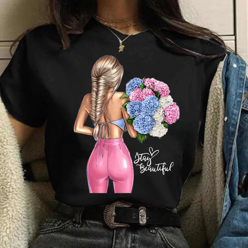 Wholesale Cheap Women Basic White Tee Casual Graphic Tshirt Fashion Lady Female Girls Printed Black Culture Afro T-Shirt