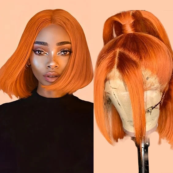 Cheap Raw Virgin Transparent 13x4 Lace Frontal Wigs180% Remy Straight Orange 350 Colored Bob Wig Lace Frontal Human Hair
