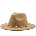 Women Wide Brim Felt Top Hat Pearl Decoration Jazz Party Wedding Tan Fedora Hats for Ladies