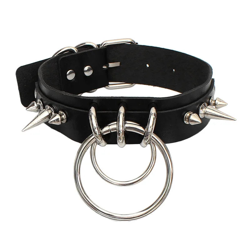 Harajuku Women Punk O Ring Chain Faux Leather Choker Collar Necklace Rivet Spikes Girl's Adjustable Choker Necklace
